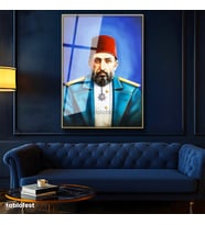 Altın Renk Metal Çerçeveli Tamperli Cam Tablo Sultan II Abdülhamid Modern Yorum Portresi Osmanlı Tablosu Duvar Dekoru