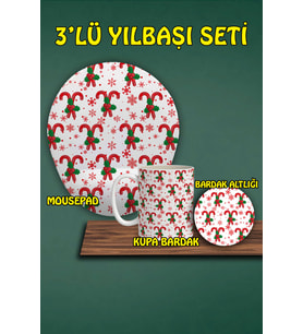 Yılbaşı Temalı 3'lü Mousepad Kupa ve Bardak Altlığı Seti