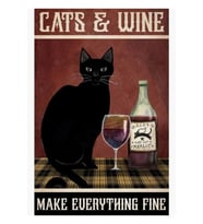 Kedi ve Şarap Her Şeyi Güzel Hale Getiriyor Tablo Ahşap Poster Dekoratif