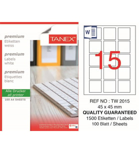 Tanex Lazer Etiket tw-2015 100 A4 Sayfa Laser Etiket Laser Etiket 45X45 mm Boyutunda 1 A4 Sayfada 15 Etiket