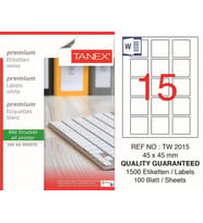 Tanex Lazer Etiket tw-2015 100 A4 Sayfa Laser Etiket Laser Etiket 45X45 mm Boyutunda 1 A4 Sayfada 15 Etiket