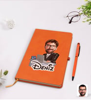 BK Gift Kişiye Özel Erkek Genel Müdür Karikatürlü Turuncu Termo Deri Defter Kalem Seti Model 1