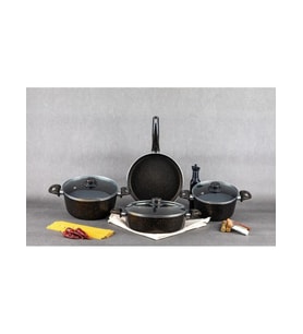 7 Parça Bakalit Kulp Cam Kapak Granit Chef Tava ve Tencere Seti Siyah