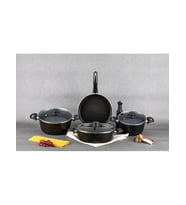 7 Parça Bakalit Kulp Cam Kapak Granit Chef Tava ve Tencere Seti Siyah (Siyah-Haki-Gri)