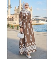 Alera Desenli Viskon Elbise 1720 - Açık Kahve