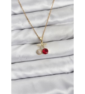 316L Çelik Zincir Gold Renk Kiraz Model Zirkon Taşlı Kadın Kolye TJ-BKO10854