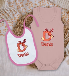 BK Kids Kişiye Özel İsimli Pembe %100 Pamuklu Askılı Sıfır Kol Bebek Body Zıbın ve Mama Önlüğü Hediye Seti-6