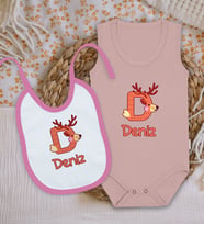 BK Kids Kişiye Özel İsimli Pembe %100 Pamuklu Askılı Sıfır Kol Bebek Body Zıbın ve Mama Önlüğü Hediye Seti-6