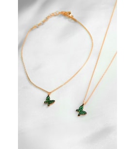 925 Ayar Gümüş Rose Kaplama Taşlı Kelebek Kolye Bileklik Set