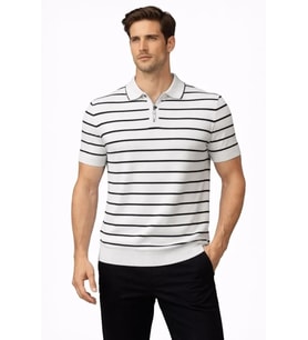 Erkek Triko Polo Yaka Fermuarlı Çizgili Tişört T-Shirt Yazlık Şık - Beyaz