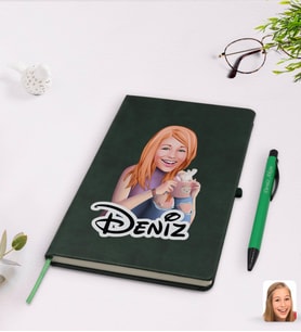 BK Gift Kişiye Özel Kadın Karikatürlü Yeşil Termo Deri Defter Kalem Seti Model 103