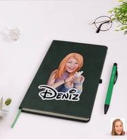 BK Gift Kişiye Özel Kadın Karikatürlü Yeşil Termo Deri Defter Kalem Seti Model 103