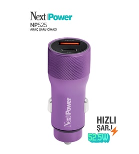 Next Power 52.5W Araç içi Hızlı Şarj Aleti Type-C + USB Güç Adaptörü Oto Çakmaklık - Mor