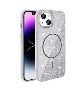 Apple iPhone 13 Uyumlu Kılıf M-safe Şarj Özellikli Parlayan Simli Zore Okso Kapak (Beyaz)