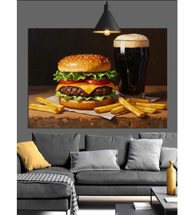 Hamburger Patates ve Bira Dekoratif Kanvas - Mdf Ahşap Tablo