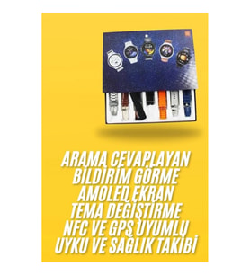 Mey İthalat® 7 Kordonlu Akıllı Saat Siyah Kasa Dokunmatik Ekran Uyku ve Sağlık Takibi