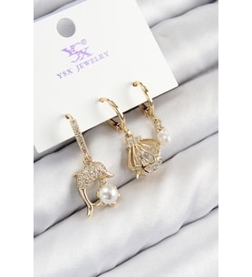 Pirinç Zirkon Taşlı 3'lü Yunus Balığı Ve İstiridye Model Gold Renk Kadın Küpe - TJ-BKP11139