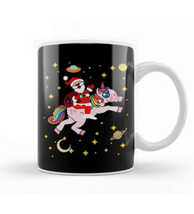 Cute Santa Claus Riding a Unicorn Through Space Kupa Bardak Porselen