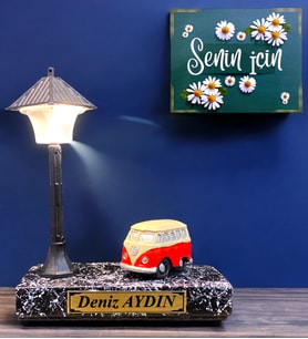 Siyah Mermer Temalı Sizlere Özel İsimli Hazırlanacak Masa Lambası, Çift Renk Işıklı Hediye Seti (Model 5)