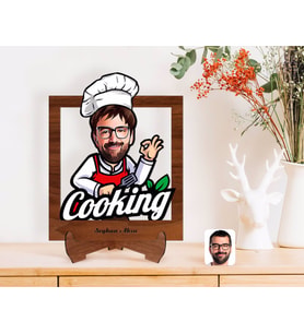 BK Gift Kişiye Özel Erkek Chef Karikatürlü Ahşap Standlı 3D Biblo-14 (Beyaz)