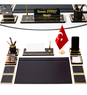 11 Parça Türk Bayraklı Mermer Desen Ahşap Sümen Takımı Masa İsimliği Deri Sümen Seti