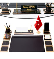 11 Parça Türk Bayraklı Mermer Desen Ahşap Sümen Takımı Masa İsimliği Deri Sümen Seti