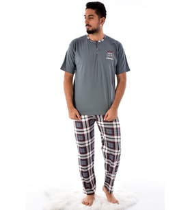 Erkek 2105 Ekose Desenli Kısa Kol  Pijama Takımı (Füme)