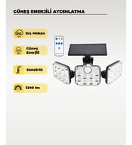 138 LED Solar Projektör Sensörlü Kumandalı 6500K Beyaz Işık 1200 Lümen IP65 Güneş Enerjili Dış Mekan (Siyah)