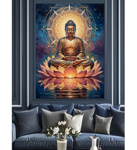Lotus Çiçeğinde Meditasyon Yapan Buda Dekoratif Kanvas - Mdf Ahşap Tablo