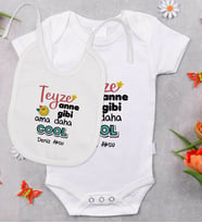 BK Kids Kişiye Özel Teyze Anne Gibi Tasarımlı Bebek Body Zıbın ve Mama Önlüğü Hediye Seti - Model 1