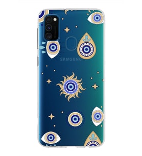 PrintiFy Samsung Galaxy M30s ile Uyumlu 1mm Slim Fit Nazar Boncuğu 5 Baskılı Şeffaf  Kılıf