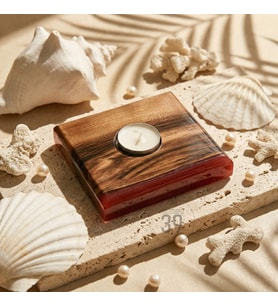 Classic Ceviz & Epoksi Mumluk – El Yapımı Tealight Mumluk – 12x12 cm Tasarım Dekoratif Mumluk (Kırmızı-Altın)