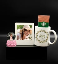 Kişiye Özel Baskılı Kupa& Beyaz Instagram Çerçeve& Melek Tasarım Işıklı Pembe Kar Küresi  Starbucks Kahve Hediye Seti