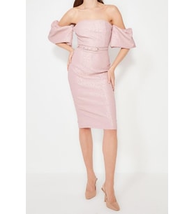 Moda Fit Mezuniyet Balo Jakar Dokuma Carmen Yaka Kısa Kol Bodycone Midi Boy Elbise