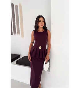 Neşeli butik kadın mürdüm kolsuz peplum kesim midi boy kemer tokalı elbise NBK4640