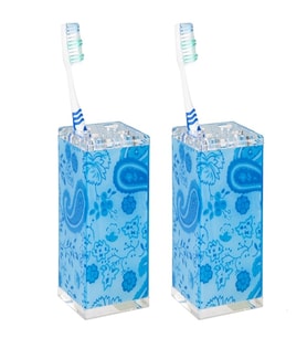 2 ADET DİŞ FIRÇALIK MAVİ ÇİÇEKLİ AKRİLİK 6X6X12CM BANYO SETİ