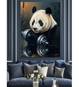 Ağırlık Kaldıran Güçlü Panda Figürü Dekoratif Kanvas - Mdf Ahşap Tablo