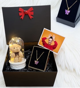 Kelebek Kolyeli Kişiye Özel Fotoğraflı Hediye Kutusu - Premium Set (Model 7)