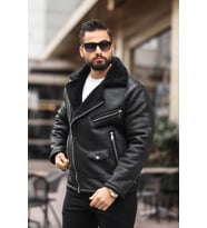 Premium İçi Komple Kürklü Biker Deri Mont (Siyah)