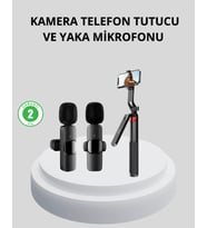 Kablosuz Çift Yaka Mikrofonu ve Tripodlu Selfie Çubuğu İçerik Üretici Seti