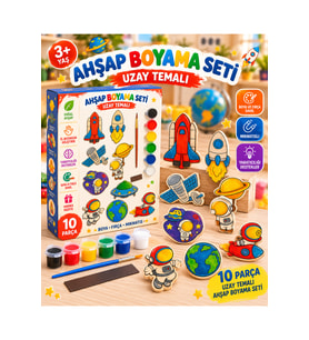 Ahşap Boyama Seti Uzay Temalı 10 MDF Figür Akrilik Boya Fırça ve Bant 3+