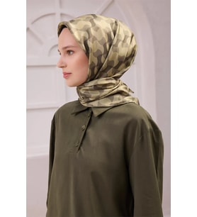 Geometrik Desen İpek Twill Eşarp 4211D01 (Haki)