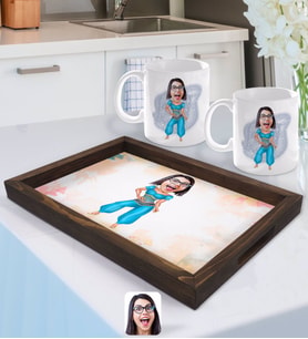BK Gift Kişiye Özel Oryantal Karikatürlü Doğal Ahşap Tepsi ve 2’li Kupa Bardak Seti-1