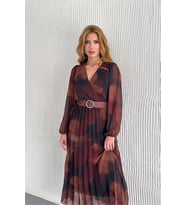 Neşeli butik kadın astarlı midi boy şifon elbise NBK20301 (Kiremit)