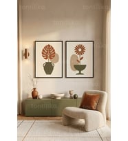 Minimalist Doğa ve Geometrik Formlar 2'li Ahşap Çerçeveli Tablo Seti