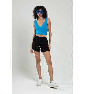 Sifu Tekstil Kadın Spor Atlet Fitilli Triko Büstiyer Crop Top Bluz SFYZ1012 (Mavi)