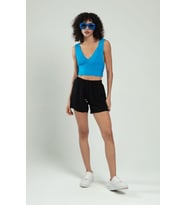 Sifu Tekstil Kadın Spor Atlet Fitilli Triko Büstiyer Crop Top Bluz SFYZ1012 (Mavi)