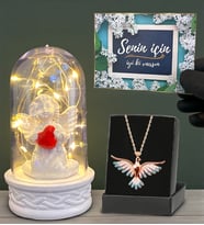 Renkli Zümrüdü Anka Kuşu Kolye ve Led Işıklı Fanus Hediye Seti (Model 2)