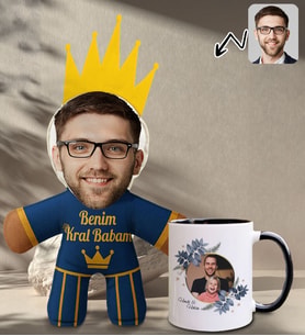 BK Gift Kişiye Özel Fotoğraflı Kral Babam Tasarımlı Bebek Yastık-2 & Siyah Kupa Bardak Hediye Seti-7, Babalar Günü Hediye, Babaya Hediye