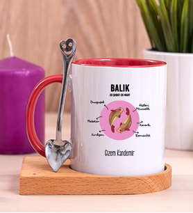 Kişiye Özel Balık Burcuna Hediye Ahşap Altlıklı Kırmızı Kupa Bardak